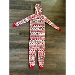 Christmas Onesie Pajama with Hood Red White Stripes Mistletoe Hearts